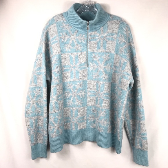 LOFT Wool Blend Zip Collar Sweater Blue and Gray with Snowflakes Womens XL - Picture 2 of 6